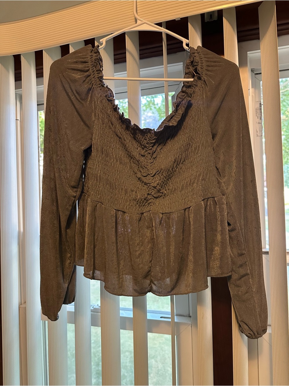 Marshalls Brown Long-Sleeve Smocked Peplum Blouse